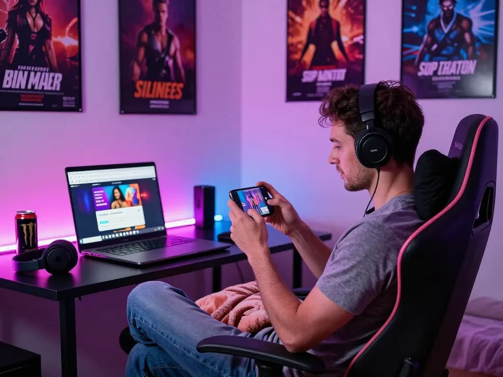 Engaging mobile porn game experience in cozy gaming setup, showcasing a user playing on a smartphone.