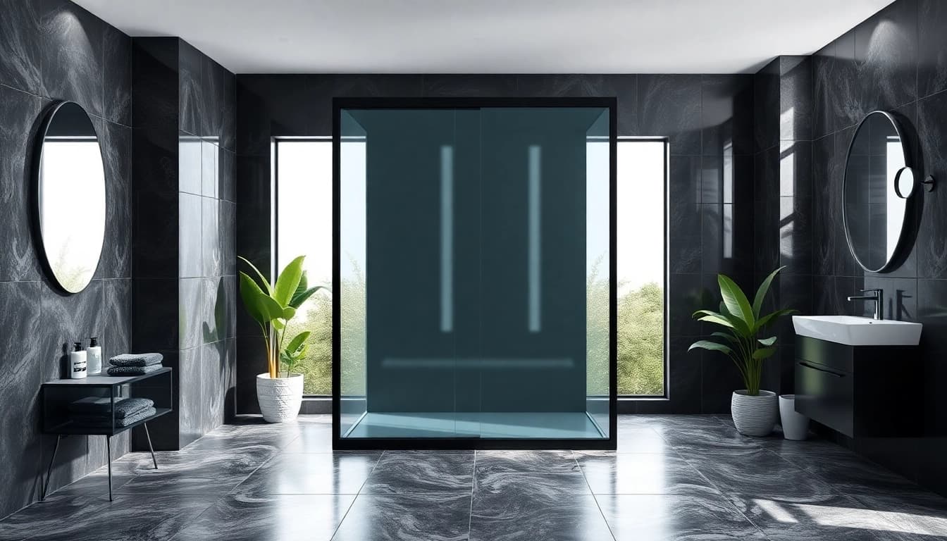 Enhance your space with a stylish black shower sliding door, featuring sleek lines and modern decor.
