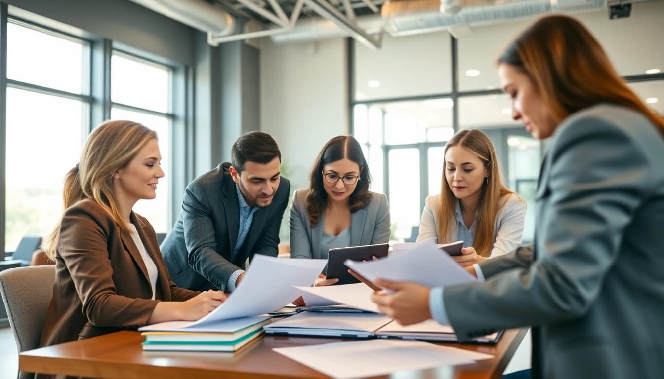 Consultants collaborating on Federal and State contracts in a modern office