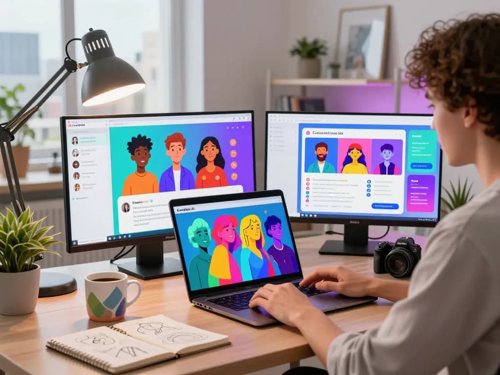 Engaging with Crushon AI characters in a modern creative workspace, showcasing vibrant interactions and technology.