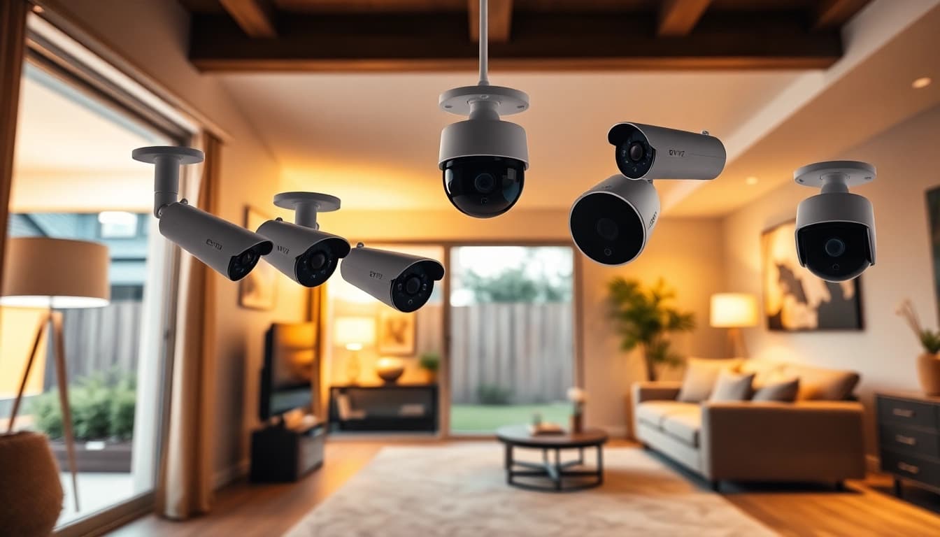 Cámaras EZVIZ mostradas en una configuración moderna de seguridad del hogar, destacando diseños elegantes y tecnología inteligente.