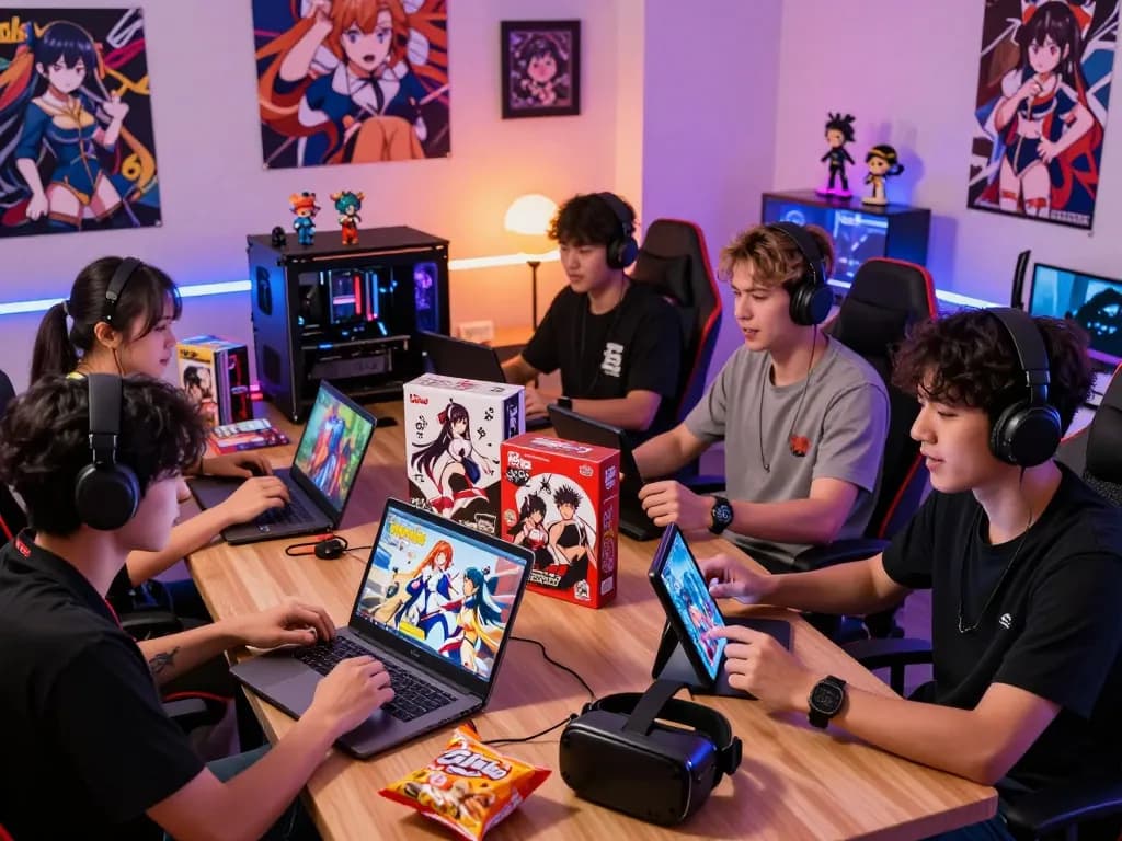 Players immersed in hentai games on multiple devices, showcasing vibrant gaming culture.