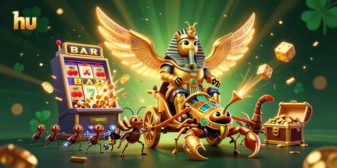 hu-themed casino adventure featuring a golden scarab and scorpions amidst gaming riches