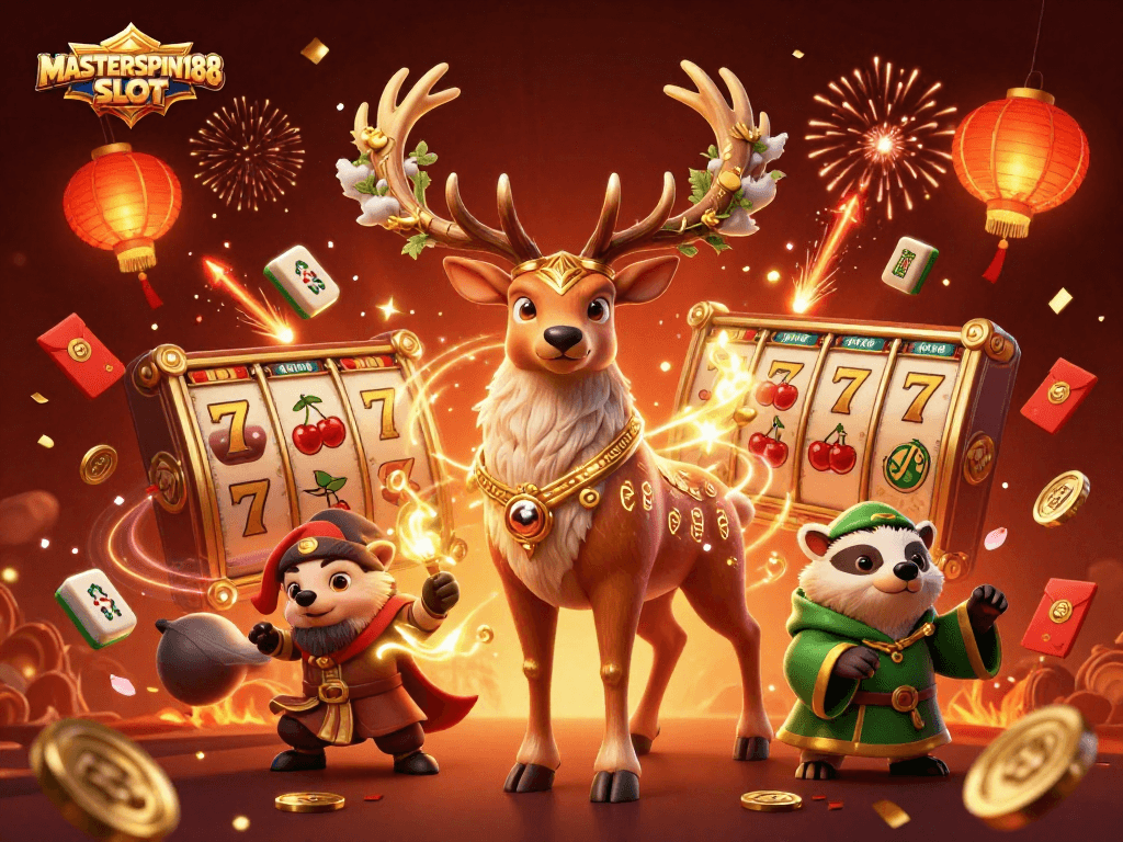 Engage with the enchanting MASTERSPIN188 SLOT in a vibrant 3D casino illustration filled with festive elements.