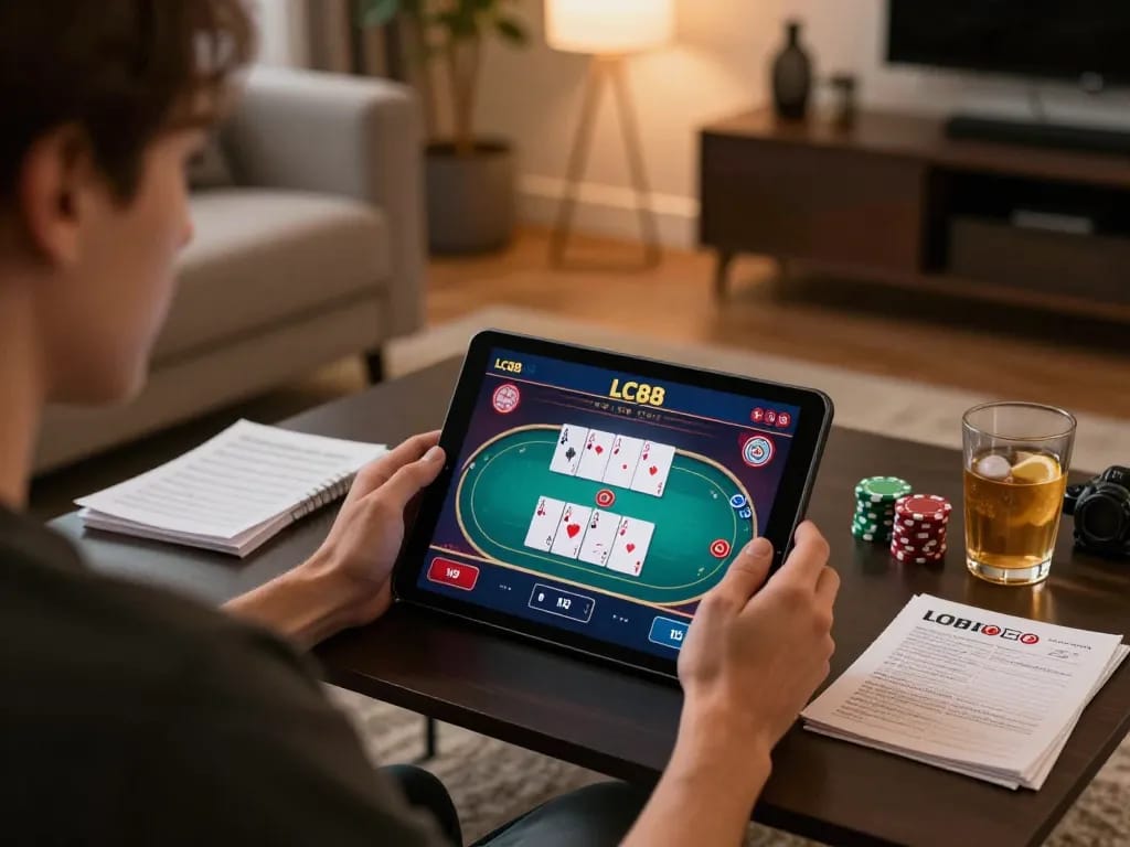 Engaged player strategizing in LC88 online poker game on tablet.