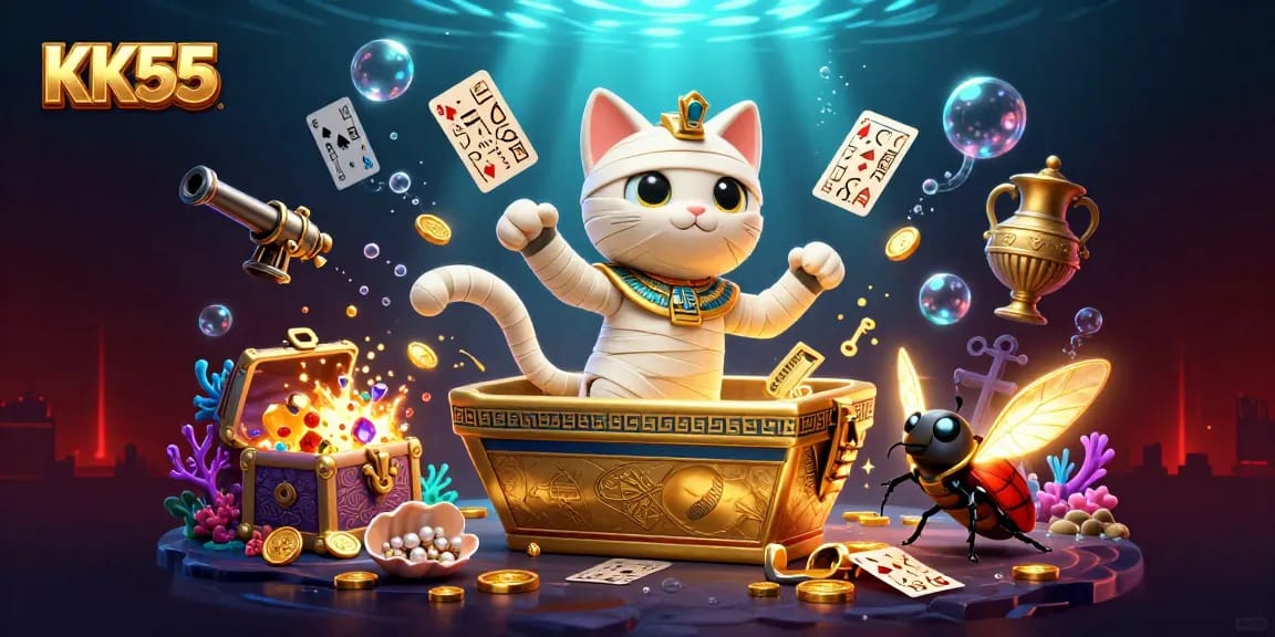 Experience the excitement of KK55 with an Egyptian mummy cat and glowing golden scarab in a vibrant casino.