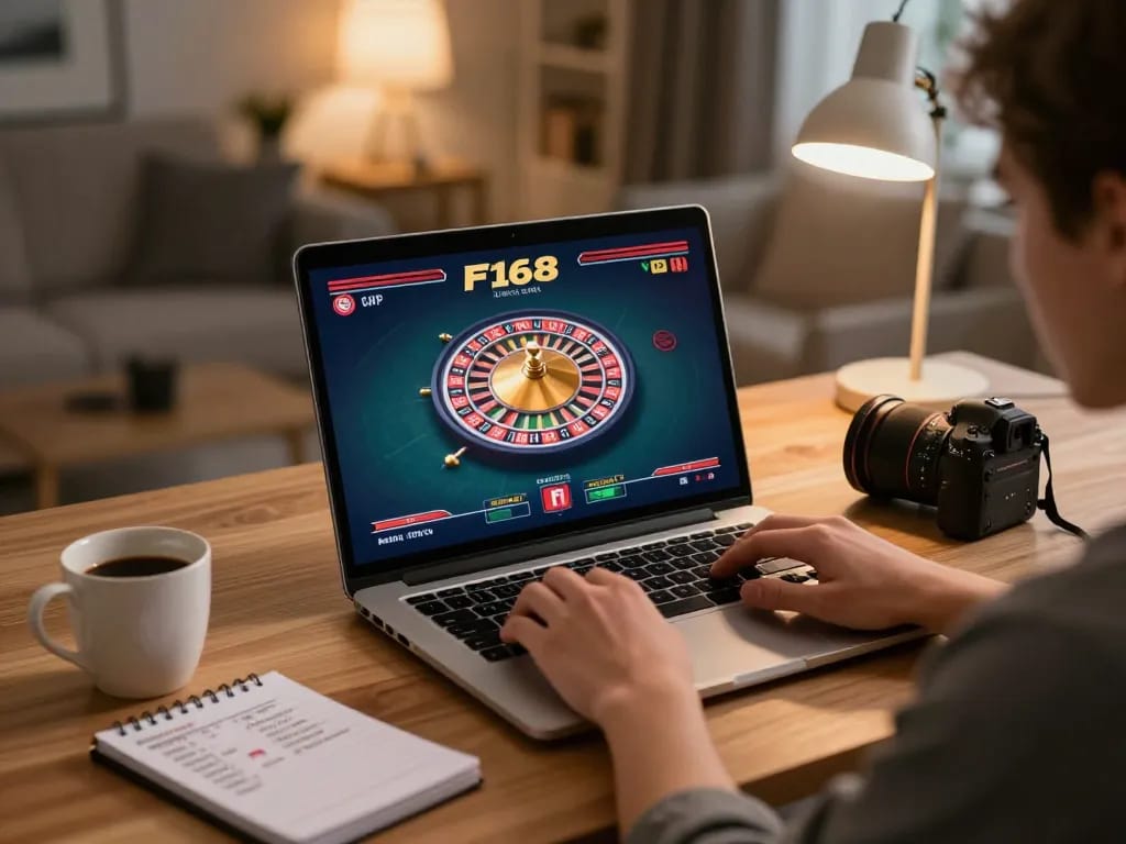 Engaging in online gaming at https://f168.sarl/ with a live dealer roulette setup, showcasing strategic play.