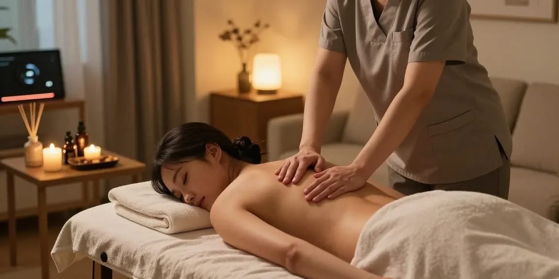 Enjoying a 용인출장마사지 in a serene home setting with a professional therapist.