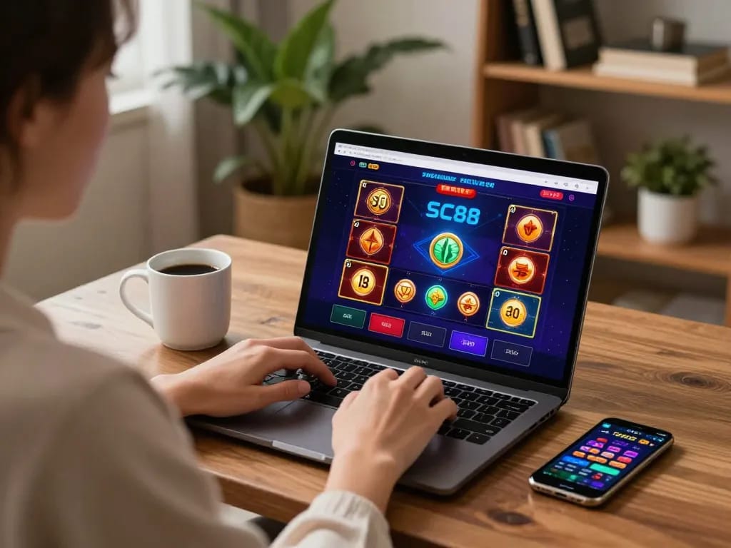 Engaging online gambling at SC88 with user strategizing on laptop in cozy home setting.