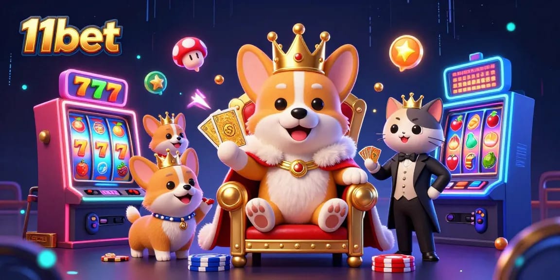 Experience thrilling slots at 11bet with vibrant 3D characters, poker chips, and neon game elements.