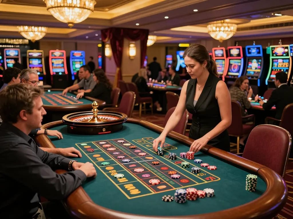 Players engage in thrilling roulette action at Net88 casino, vibrant atmosphere with colorful chips