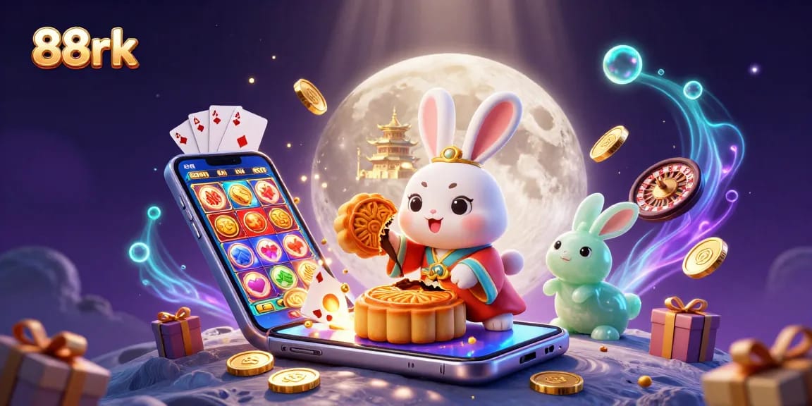 Engage with 88rk's festive moon rabbit illustration, showcasing lunar game elements and poker chip treasures.