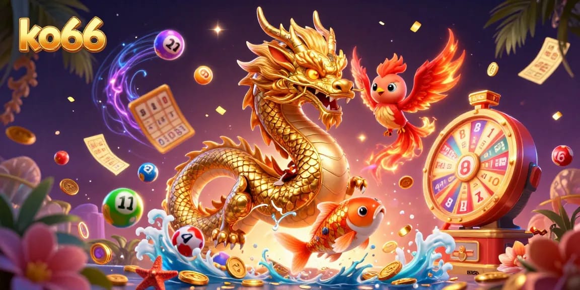 Spin to win with ko66 in a vibrant, immersive casino adventure scene featuring dragons and luck.
