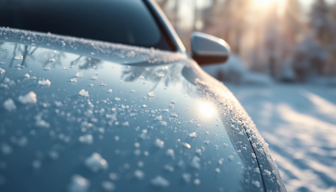 PPF winter road salt protection showcases a vehicle's smooth finish in a snowy setting.