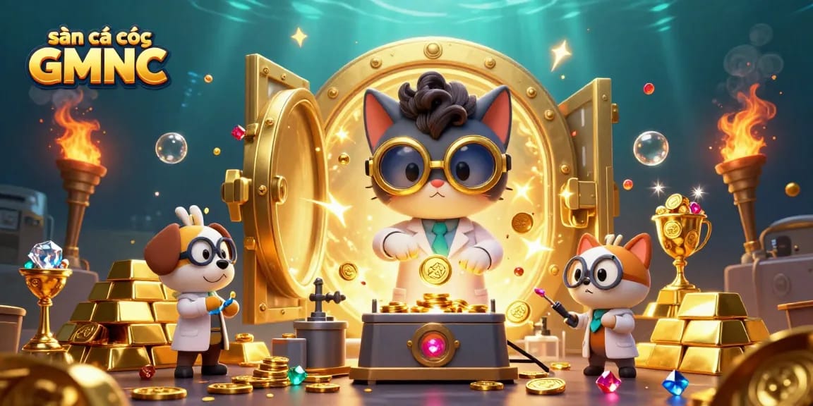 Engage with sàn cá cược GMNC through a dynamic scene of a mad scientist cat creating a gold coin machine.
