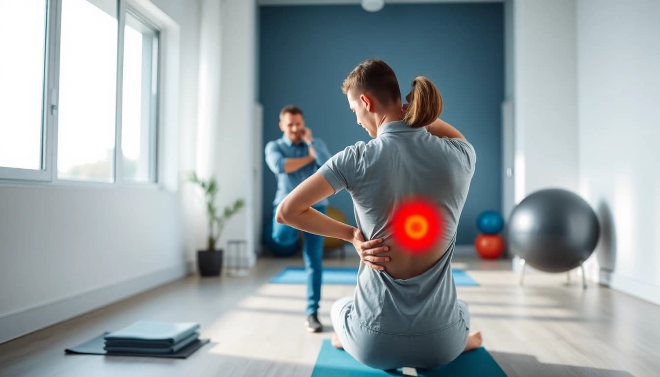 A physiotherapist demonstrating exercises for back pain relief in a bright clinic.