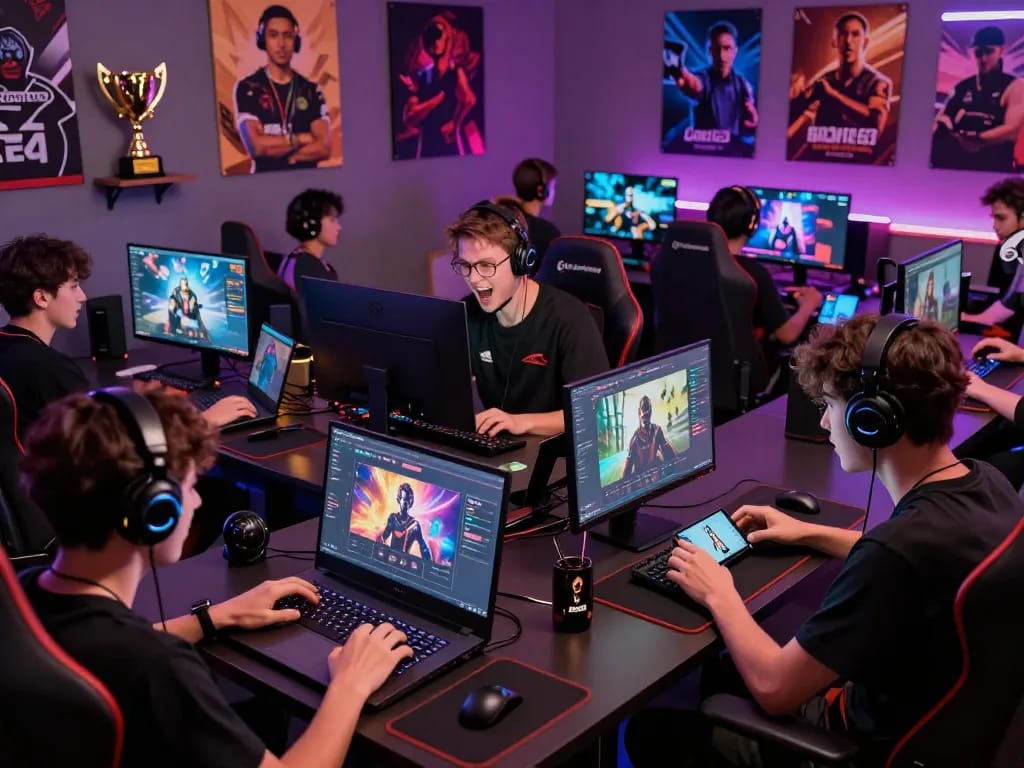 Diverse players engaging in online gaming at trang chủ Goal123, showcasing excitement and multi-device compatibility.