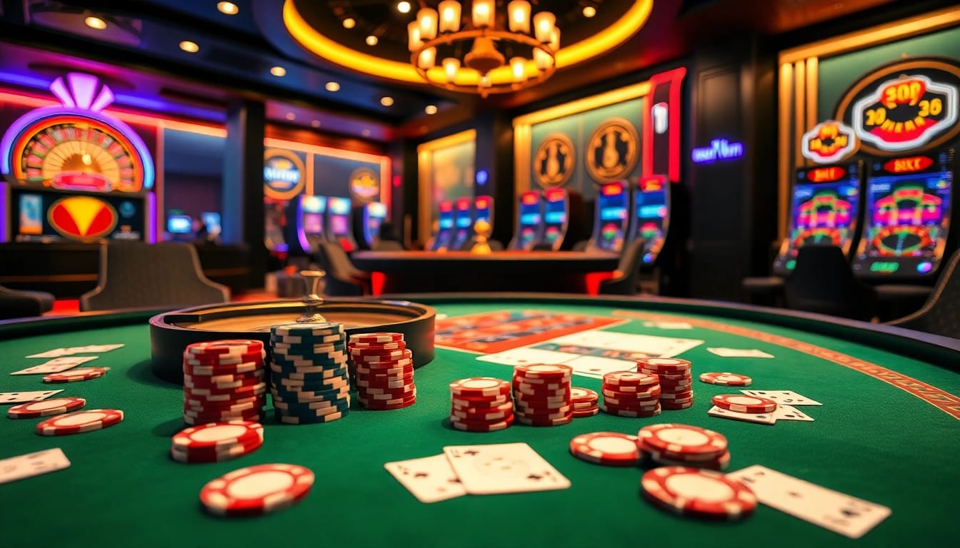 Gamblers enjoying an exhilarating game at Haywin casino table with poker chips and cards.