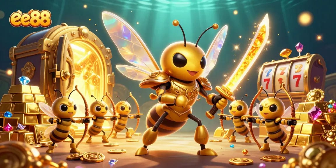 ee88 showcases a dynamic casino adventure with a golden hornet and bee archers amidst slots and treasures.