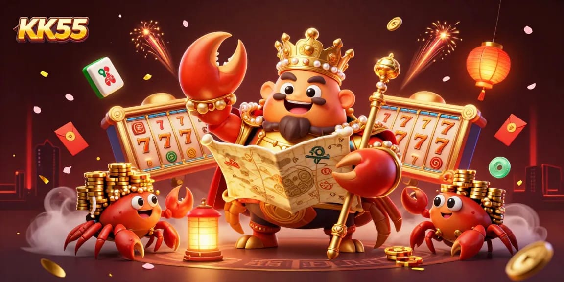 KK55 showcases a grand crab emperor amidst colorful casino elements, inviting players to win big.