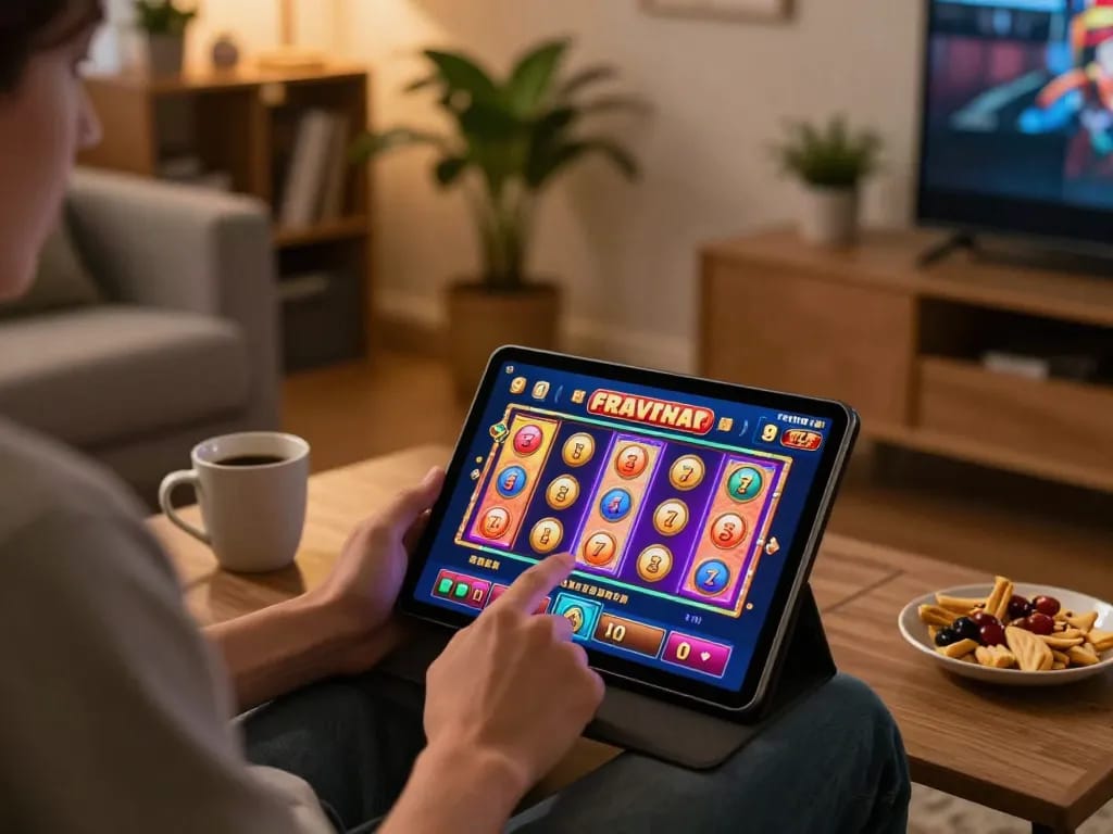 Player enjoying online slots on a tablet in cozy home setting, exploring 98win gaming options.