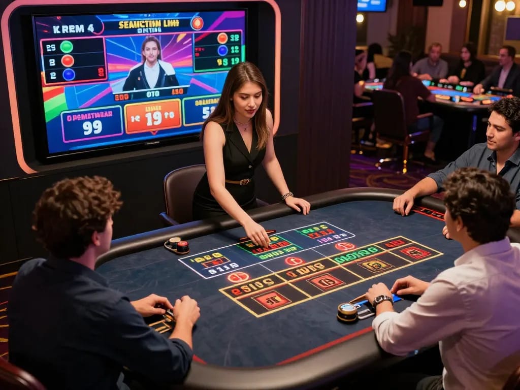 Players engaging in thrilling online casino action at LOTO188 LINK MỚI live dealer table, showcasing interactive gaming atmosphere.
