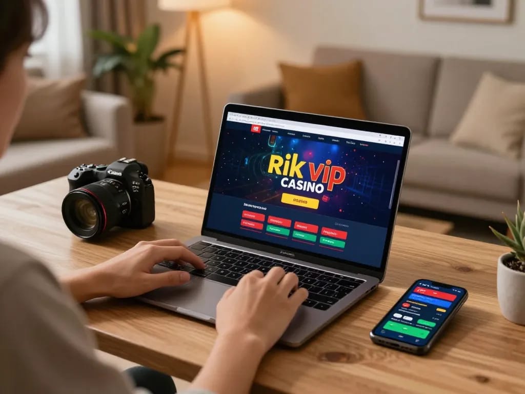 Engaged player enjoying rik vip online casino games on a laptop at home.