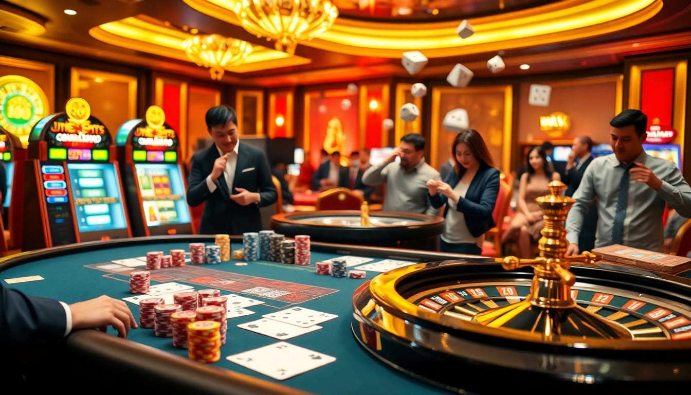 Experience the excitement of 68 game bài with vibrant casino tables showcasing poker chips and roulette wheels.