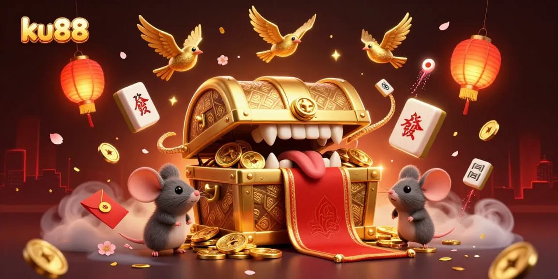 Engage with the exciting treasure chest of ku88, featuring coins and adventurous mice in a vibrant casino scene.