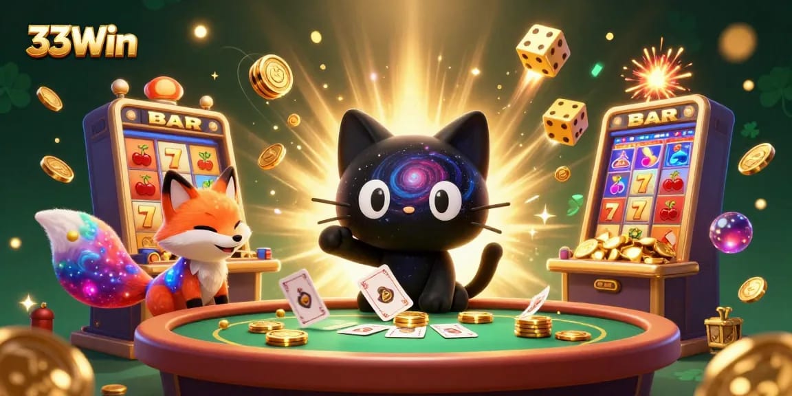 Experience 33Win with a cosmic casino scene featuring a black hole cat and nebula fox.