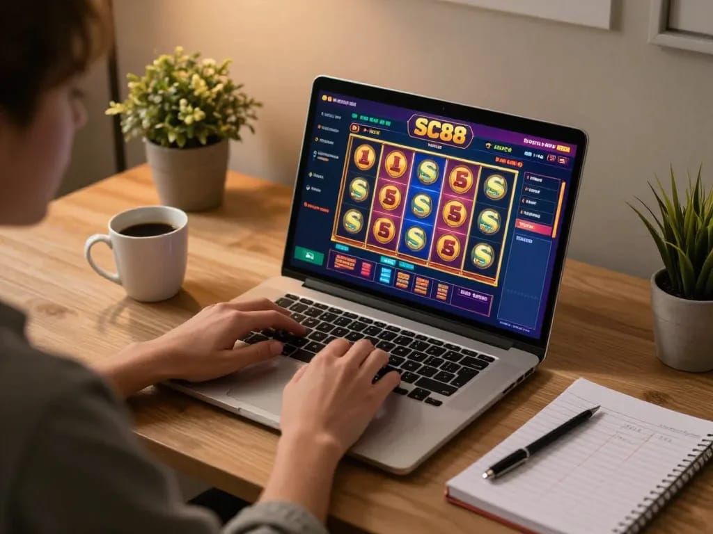 Player engaging in SC88 online casino gameplay, vibrant slots displayed on laptop in cozy home setting.