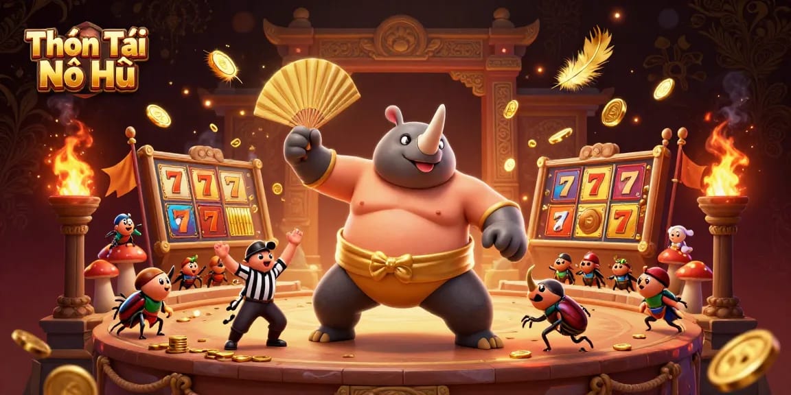 Thần Tài Nổ Hũ showcases a vibrant 3D casino scene with a beetle champion, slot reels, and betting tokens.