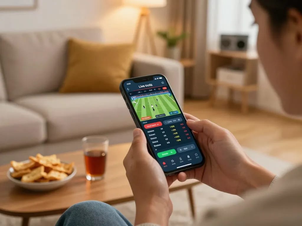 Engaging smartphone sports betting session showcasing FLY88 app with live odds in a cozy atmosphere.
