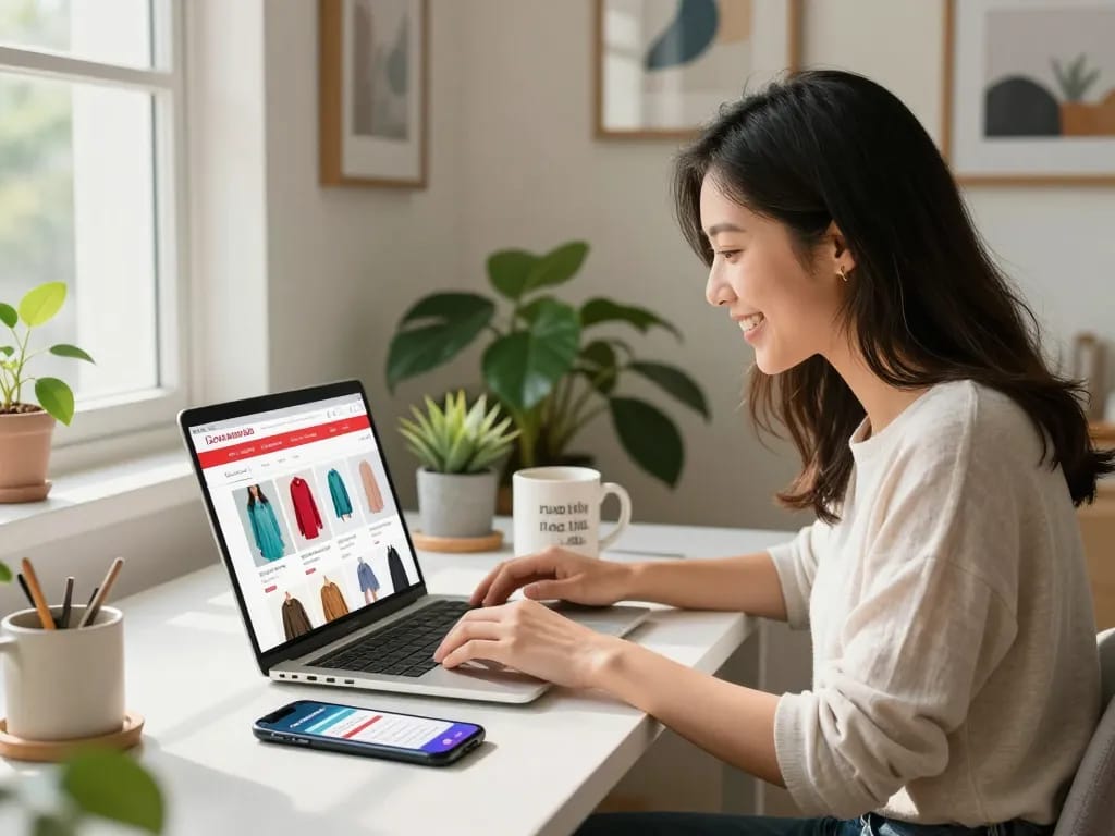 Experience new product sales and updates through https://hubet88.icu/ as young woman enjoys online shopping.