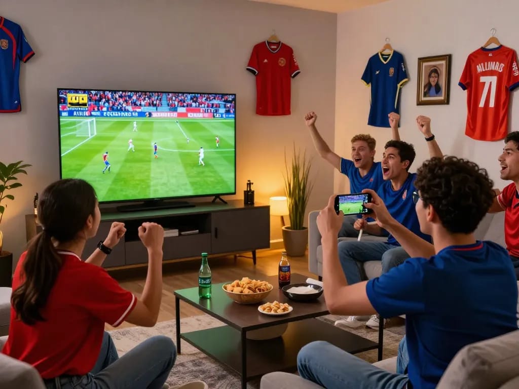 Fans cheering while watching live football on cakhiatvz.live in a cozy living room.