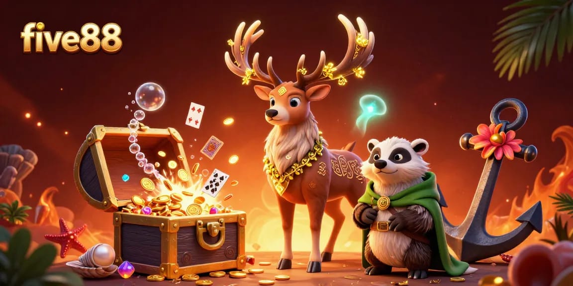 Experience five88 with an enchanting 3D scene of Celtic druid stag and treasure bursting with riches