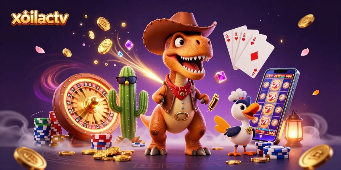 Xoilactv showcases a lively 3D scene with golden coins, vibrant casino elements, and cartoon characters.