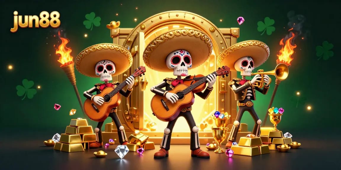 Experience the excitement at jun88 with a vibrant illustration of a mariachi band celebrating casino treasures.