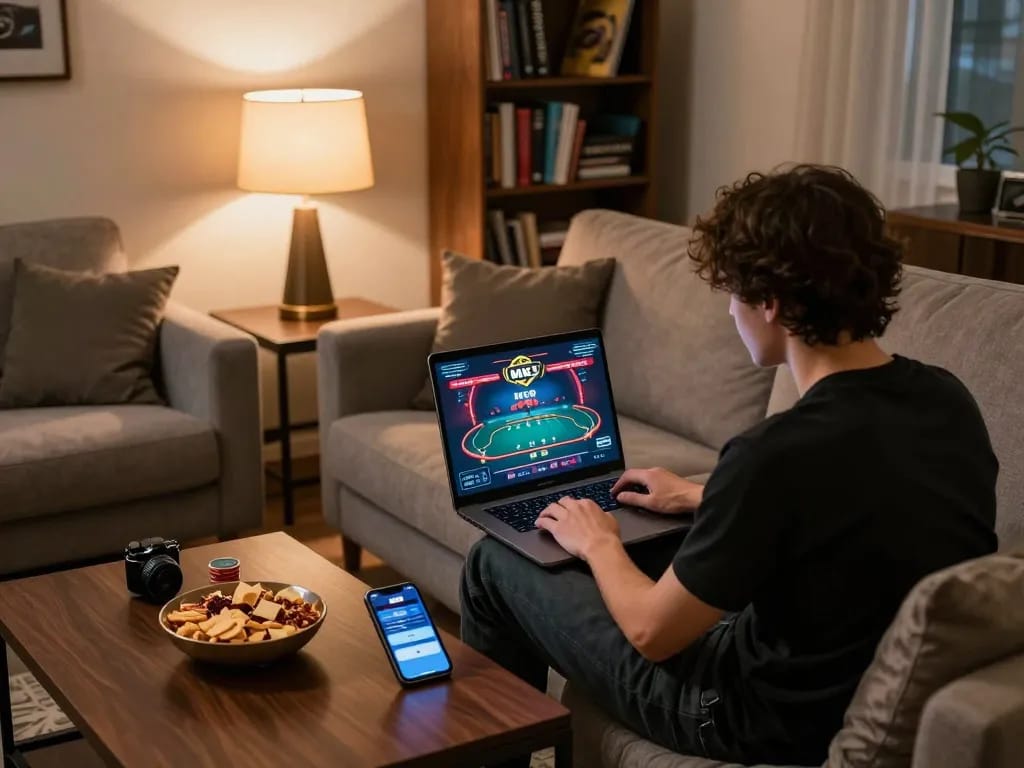 Player engaging in an online poker game with MK8 app in a cozy home environment, highlighting strategic gambling moments.