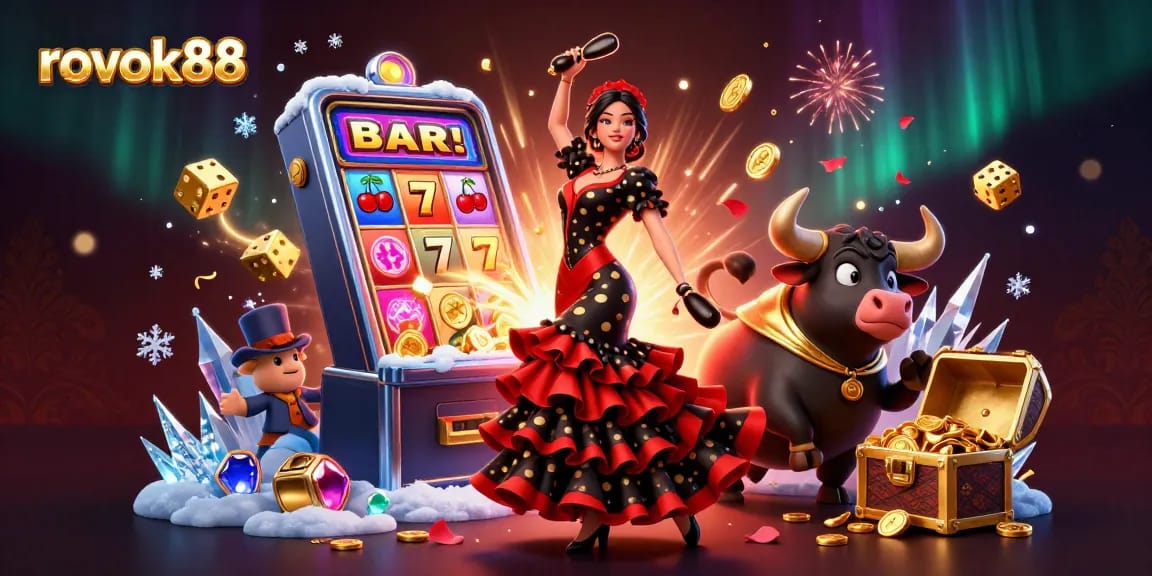 Experience thrilling gameplay with rokok88 in a vibrant 3D casino scene of slot machines and dramatic elements.