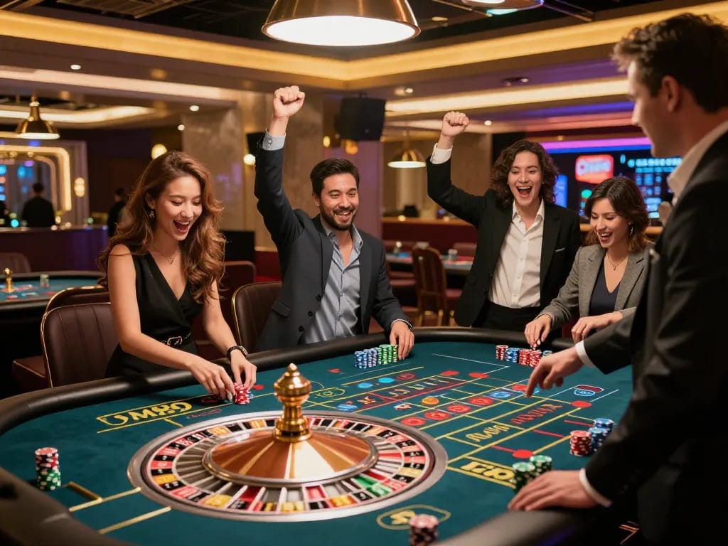 Players enjoying a thrilling roulette game at CM88 casino, celebrating wins with excitement.