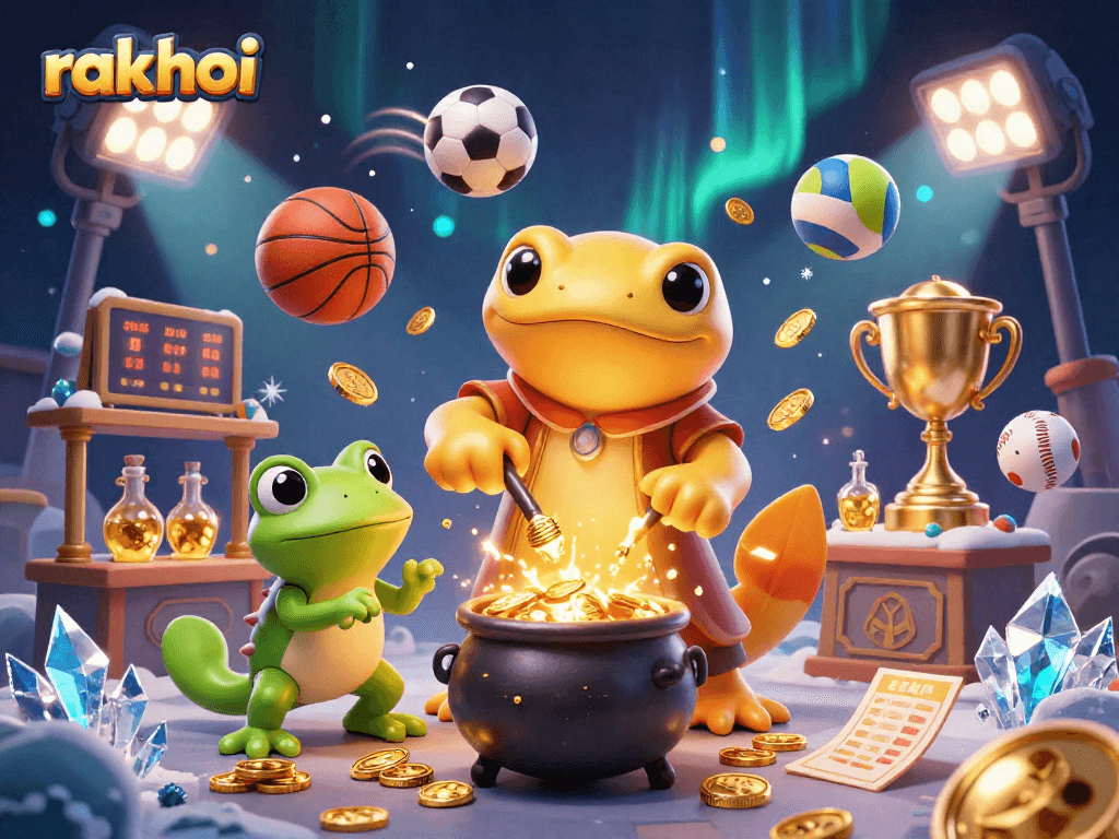 Engage in thrilling sports betting with rakhoi, featuring vibrant gold coins, dynamic sports balls, and a lively alchemist scene.