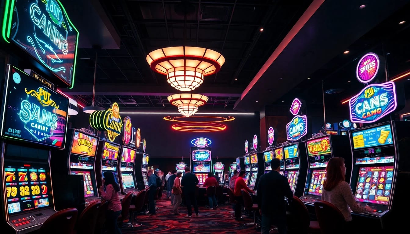 Menangkan Slot Dana dalam suasana kasino yang hidup dengan mesin slot berwarna cerah.