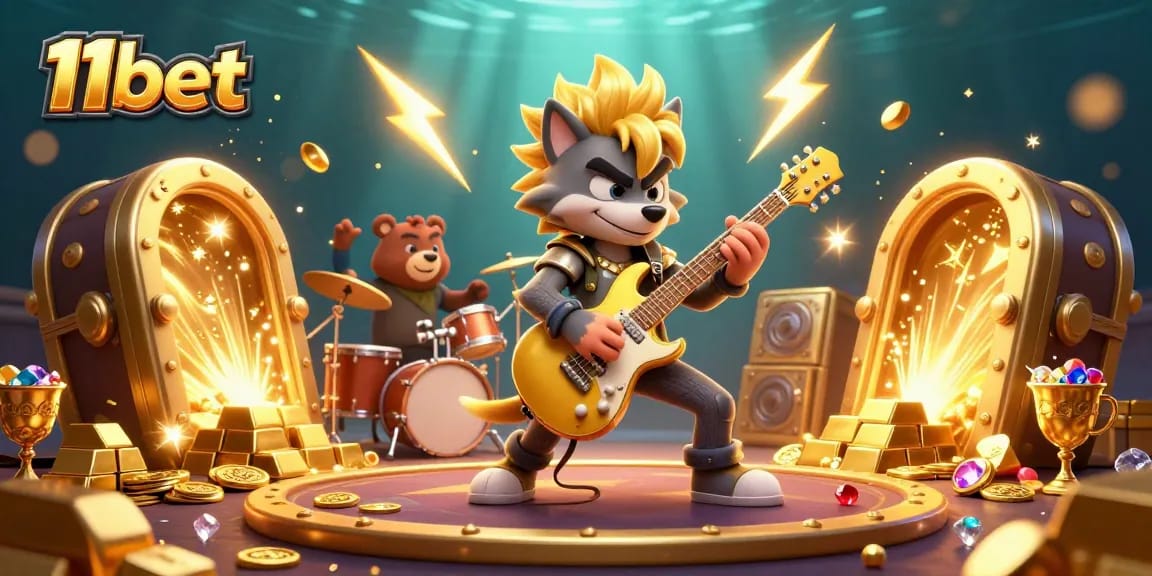 Experience the excitement of 11bet with vibrant 3D casino illustration showcasing characters and treasures.