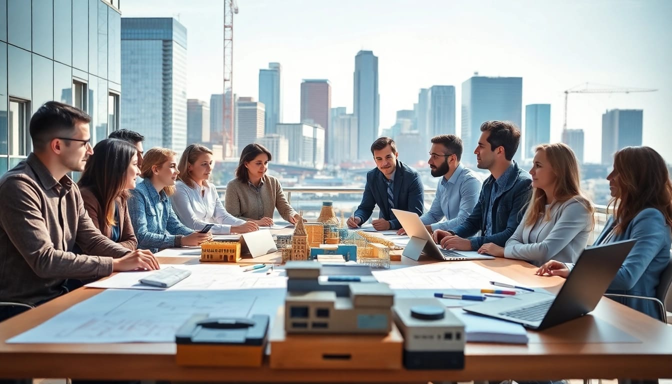 Showcasing construction advocacy, diverse professionals discuss urban development.
