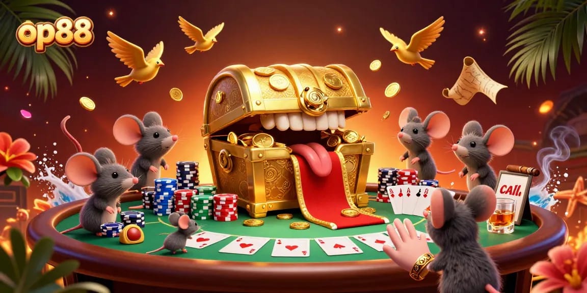 Experience the thrill of op88's gaming world with a treasure chest and poker excitement.