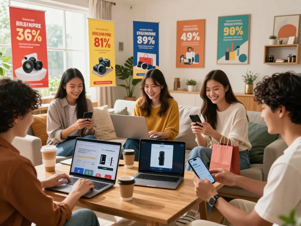 Exciting online shopping moment at hubet88 with happy shoppers engaging with devices.