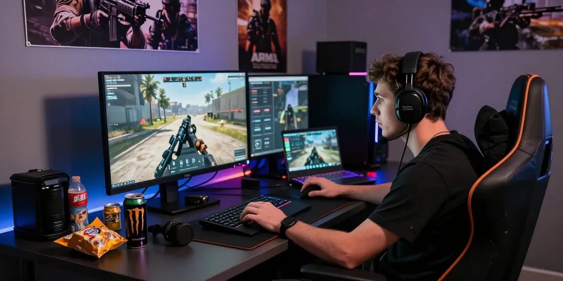 Intense player immersed in ArmA 3 Hacks gameplay with tactical gear and vibrant RGB lighting.