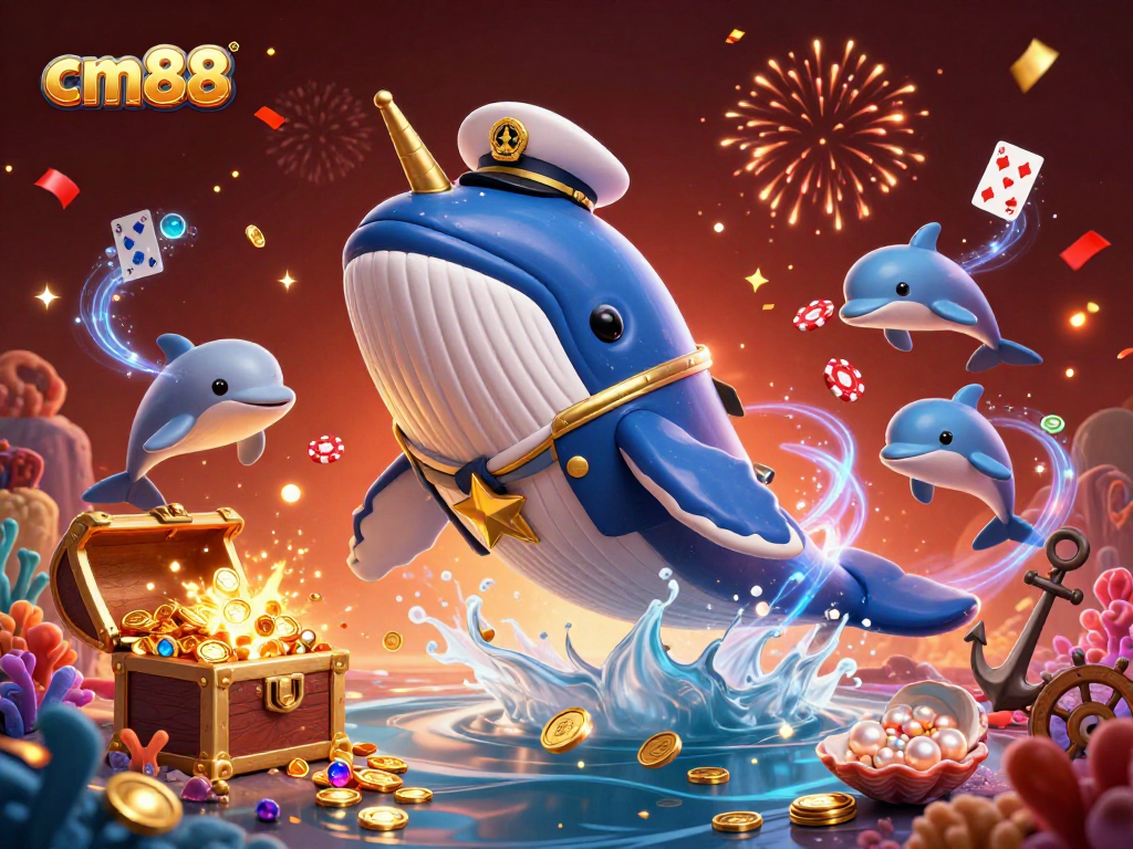 Experience the excitement of cm88 with vibrant casino elements and whimsical marine characters.