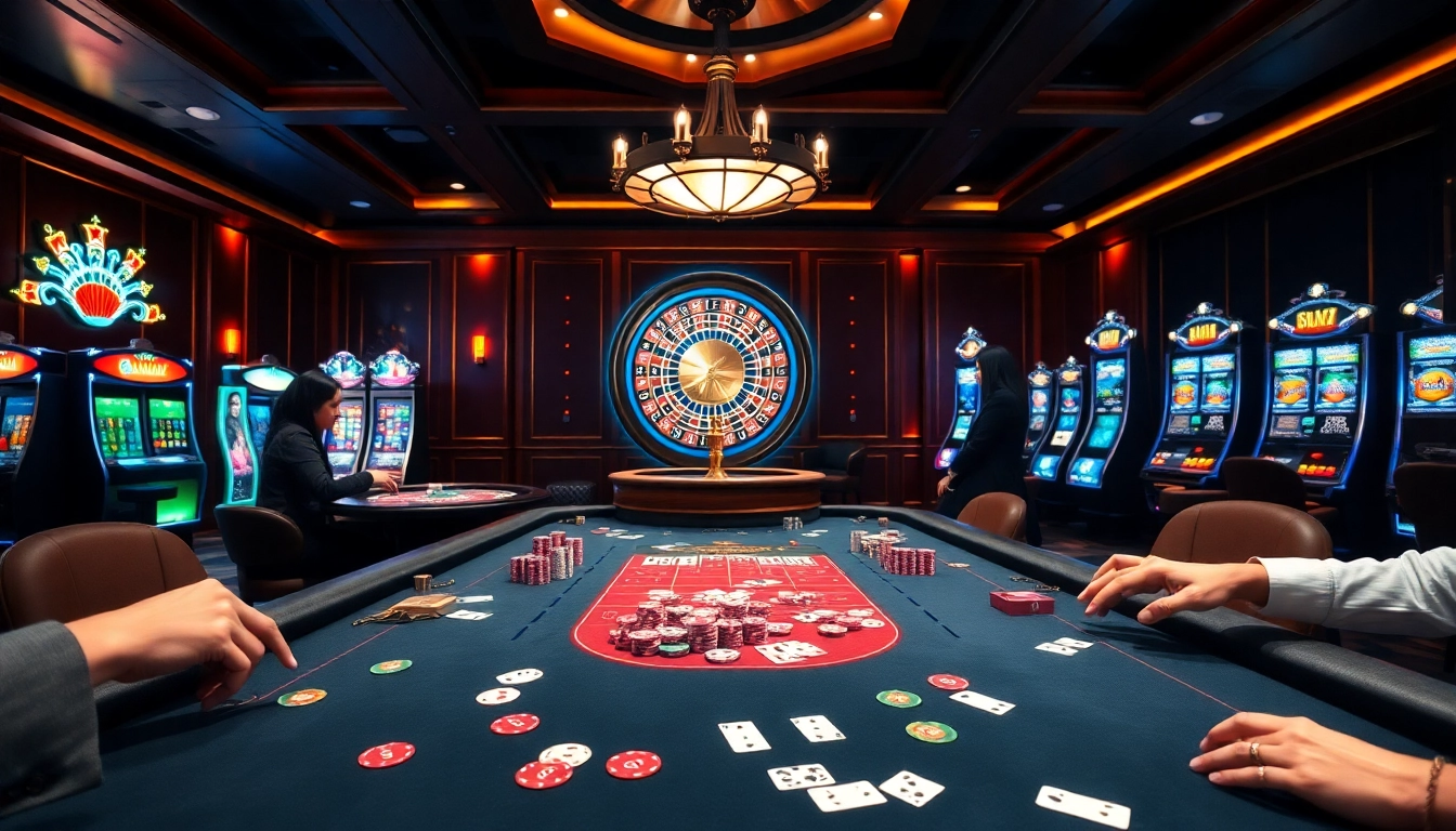 Exciting scene of gamblers engaging in 68 game bài at a luxurious casino table.